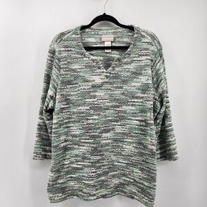 Alfred Dunner Woman 1X Green Gray Abstract Print 3/4 Sleeve Casual Sweater